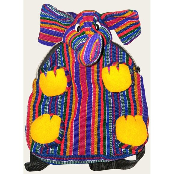 Childsize Handmade Elephant Backpack Woven Multicolor Stripes Yellow Paws - Picture 1 of 9